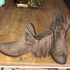 Taupe suede fringe booties